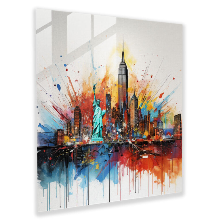 Lebendiges Glasbild eines zeitgenössischen Mixed-Media New York Cityscape