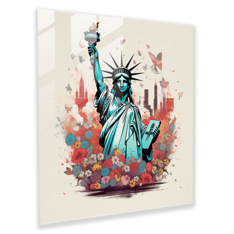 Glasbild Freiheitsstatue mit verspieltem Blumen- und Schmetterlingsmotiv - Wanddekoration für Zuhause