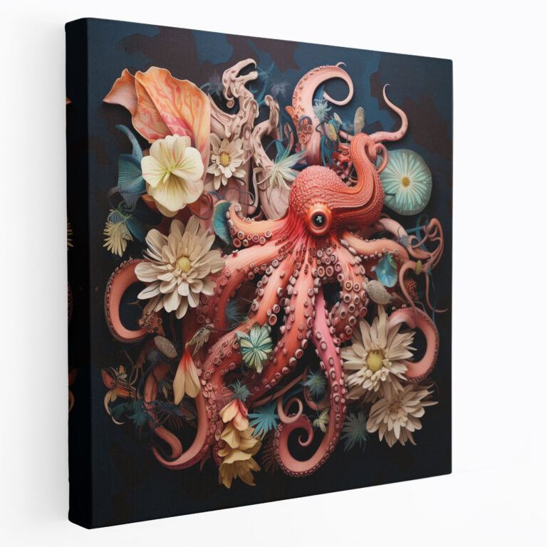Oktopus Wandkunst - Surreales Mixed-Media-Kunstwerk - Oktopus Blumen Leinwand Mixed-Media-Kunstwerk