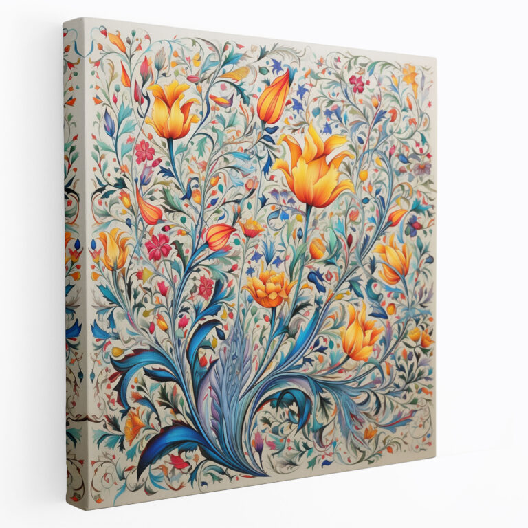 Inspirierendes Zitat eines osmanischen Dichters in zarter Kalligrafie mit bunten Blumenmotiven | Hochwertiges Leinwandbild