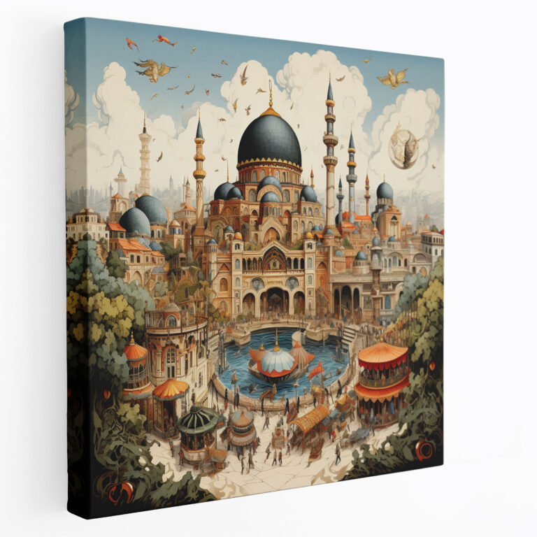 Hochwertiges Leinwandbild: Elegante Kalligrafie zeigt den Topkapi-Palast und die Märkte von Istanbul.