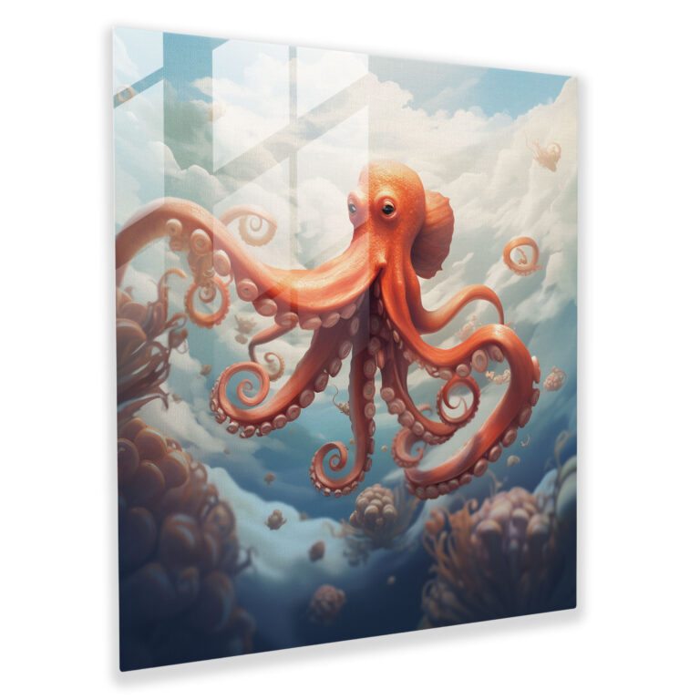 Glasbild mit Oktopus - Surreales Oktopus Wandkunstwerk - Oktopus Glasbild Wanddekoration Glaskunst