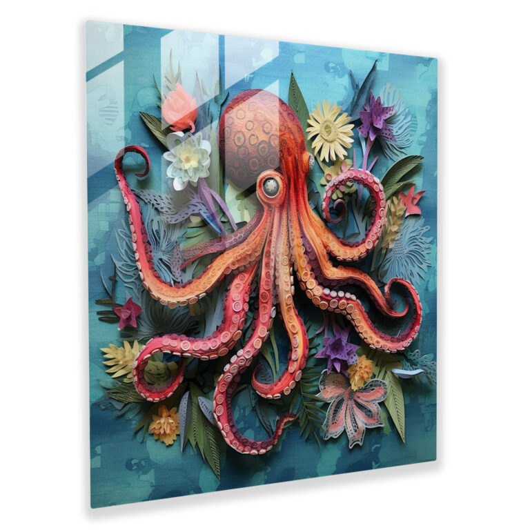 Glasbild Oktopus - Mischtechnik Oktopus Wandkunst - Modernes Oktopus Glasbild