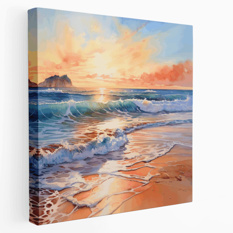 Leinwandbild Sonnenuntergang am Strand in Aquarell