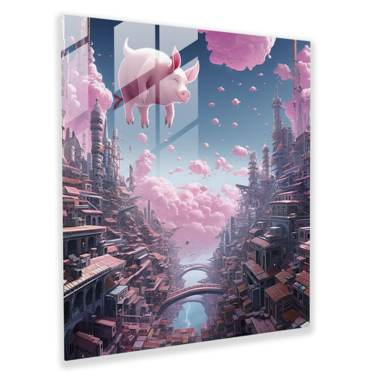 Glasbild von Pink Floyd: Futuristische Stadtszene mit fliegenden Schweinen