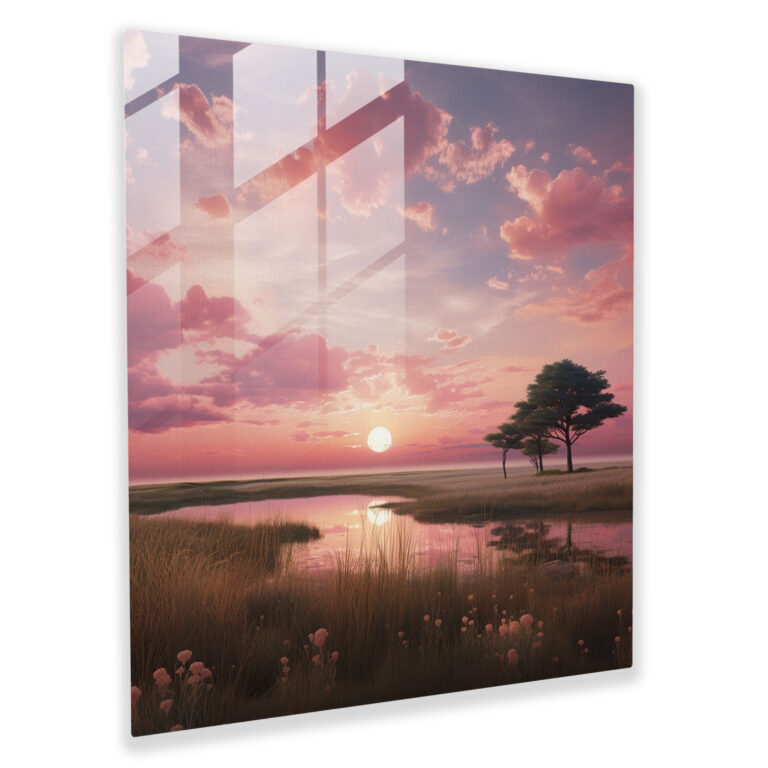 Glasbild Pink Floyd - Gelassene rosa Sonnenuntergangslandschaft - Pink Floyd Weites Feld Rosa Sonnenuntergang Moderne Kunst