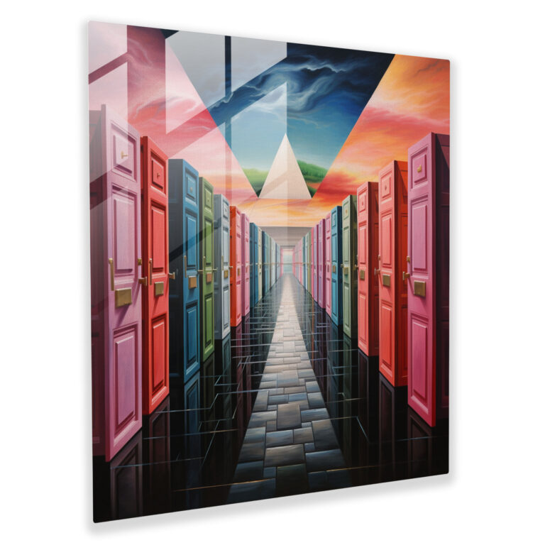 Glasbild Pink Floyd - Surreale Tür der Albumcover - Wanddekoration Modern Art