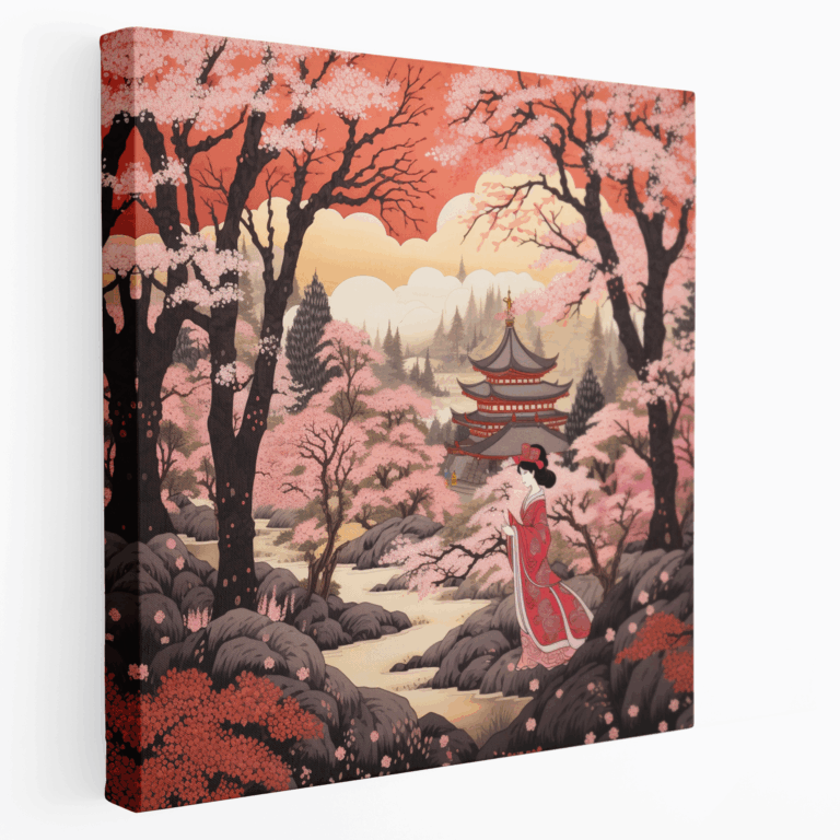 Anmutige Geisha im Kirschblütengarten Leinwandbild