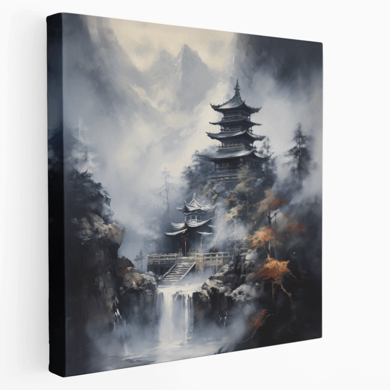 Leinwandbild mit japanischem Tempel auf dem Nebelberg
