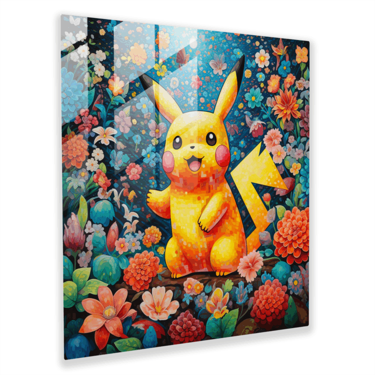 Glasbild: Pokemon Punktillismus Oase mit verspielten Blüten