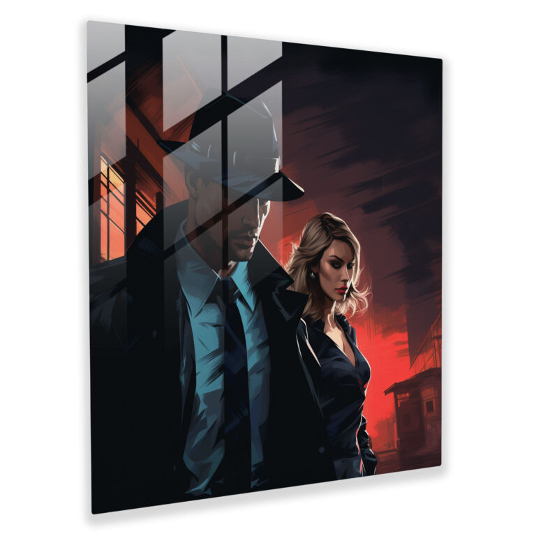 Pulp Fiction Glasbild - Retro Gangster und Femme Fatale in dunkler Gasse - Pulp Fiction Glasbild Heimdekoration