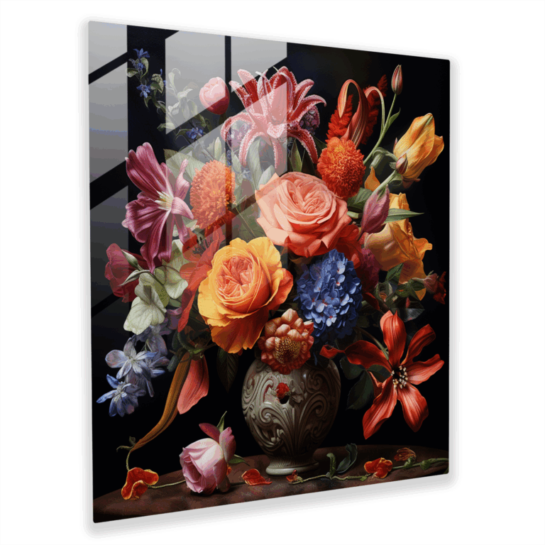 Exquisites realistisches Stillleben-Glasbild - Lebendige Blumen Glaswandkunst