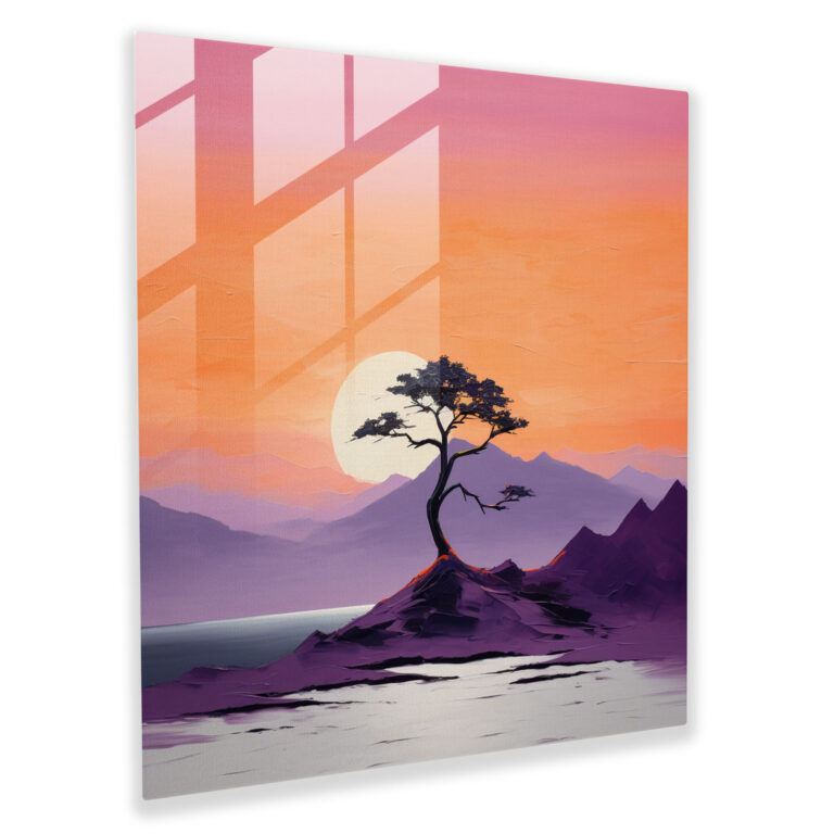 Glasbild 'Serene Purple Tree' - Minimalistisches Landschaftsglasbild - Lila Glaswandkunst Lila Thema Landschaftsmalerei