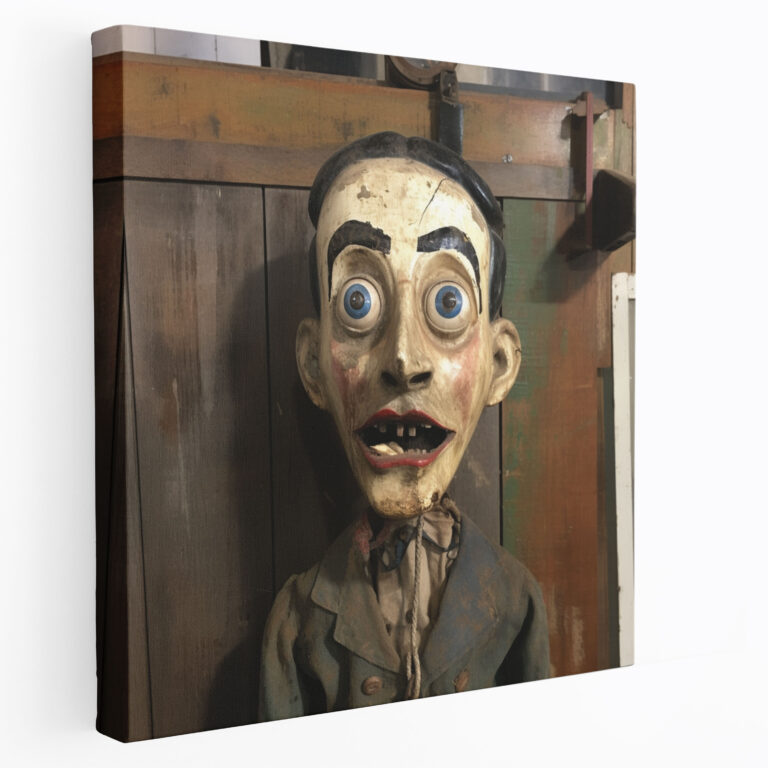 Leinwandbild des Vintage Bauchredner-Puppen-Dummies - Puppe unheimliche Augen Wandkunst