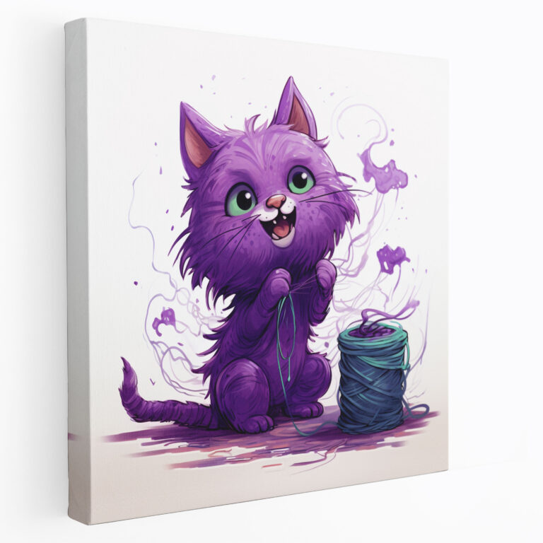 Lustiges Lila Katzen Leinwandbild - Lila Leinwand Wandkunst Lustige Lila Katze