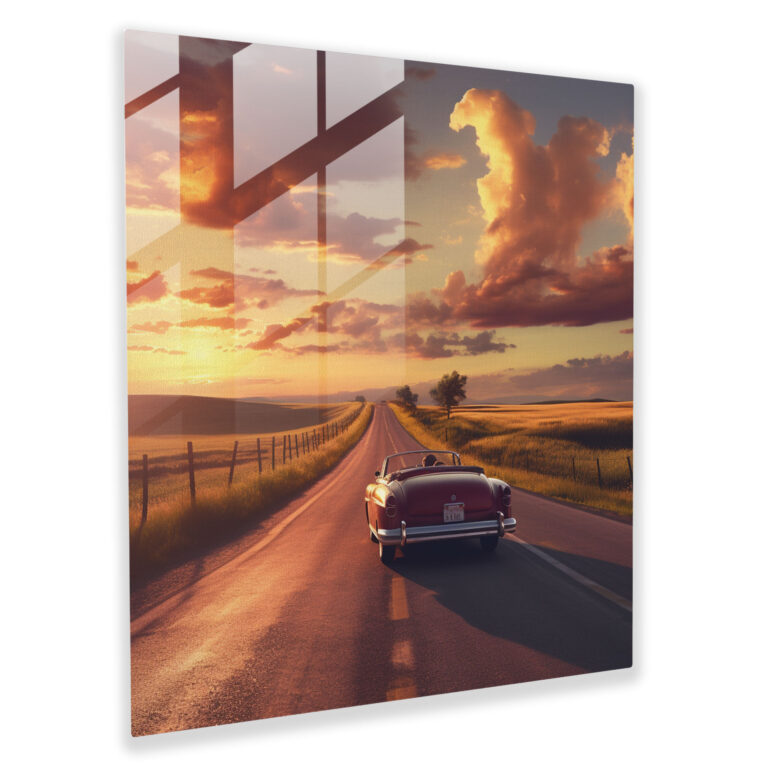 Glasbild Vintage Auto Abenteuer - Retro Sonnenuntergang Himmel Wohnkultur Fernweh