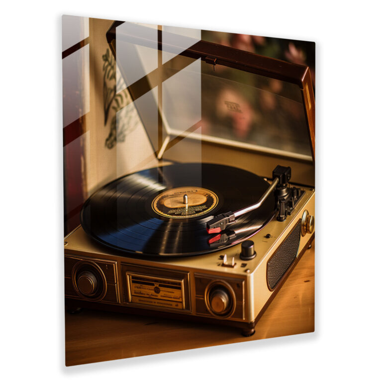 Glasbild Retro Vinylschallplatte - Vintage Plattenspieler für Zuhause