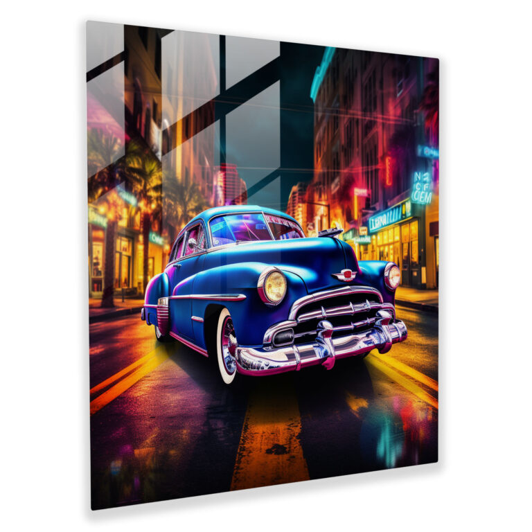 Glasbild Retro Neon Sign - Vintage Auto