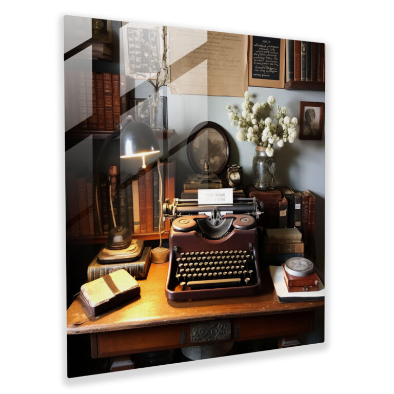 Glasbild Retro Writer's Corner - Vintage Home Dekoration für die Wand