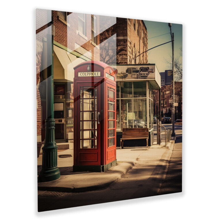 Glasbild Telefonzelle Retro - Moderne Kunst Telefon Nostalgische Straßenszene