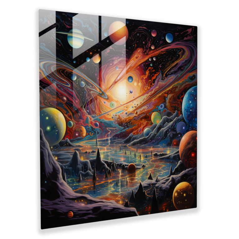 Faszinierendes surreales Ölgemälde Glasbild der Galaxie mit schwebenden Planeten und eigenartigen Kreaturen - Wohn-Deko