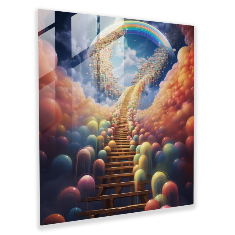 Regenbogen Treppen Glasbild - Surreales Kunstwerk Schwebende Regenbogen Treppe Wohnkultur