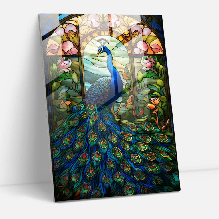 Glasbild - Majestätisches Pfauen-Glaskunstwerk - Realistische Glaskulptur farbenfroh Glas-Kunst elegant