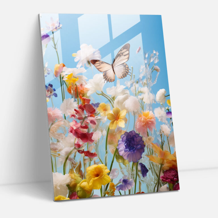 Glasbild - Zarte Glas-Schmetterlinge Wanddekoration - Realistische Glaskulptur Schmetterlinge Glaswandkunst Blumen