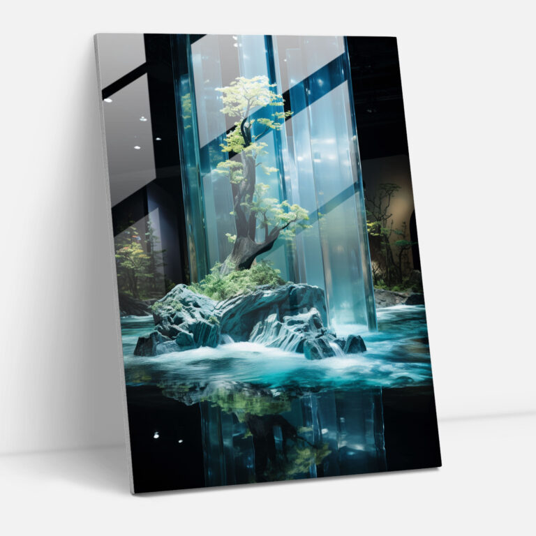 Glas-Kunstinstallation mit ruhigen Wasserreflexionen - Realistische Glas-Skulptur Wohnkultur Installation Glasbild