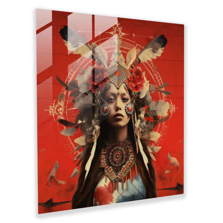 Rotes indianisches Vintage-Collage Glasbild - indianisches Rot Glasbild Glaswandkunst Wohnkultur