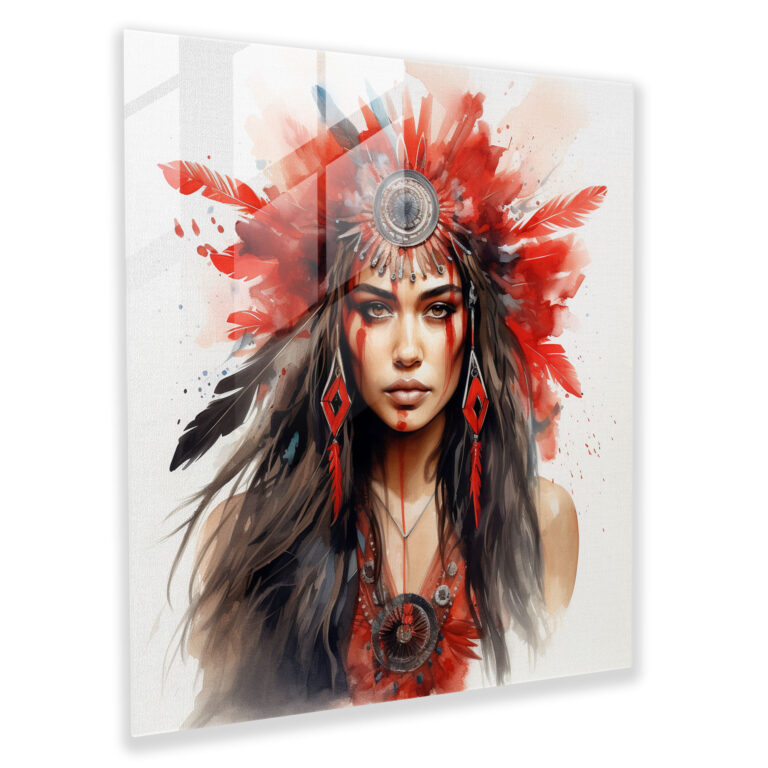 Rotes Indianerfrau Glasbild - Modernes Kunstwerk Wasserfarben-Illustration