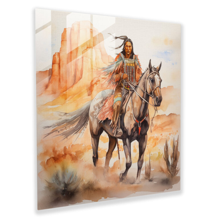 Rotes Indianer-Krieger Glasbild - Indianer Pferd moderne Kunst Wohnkultur