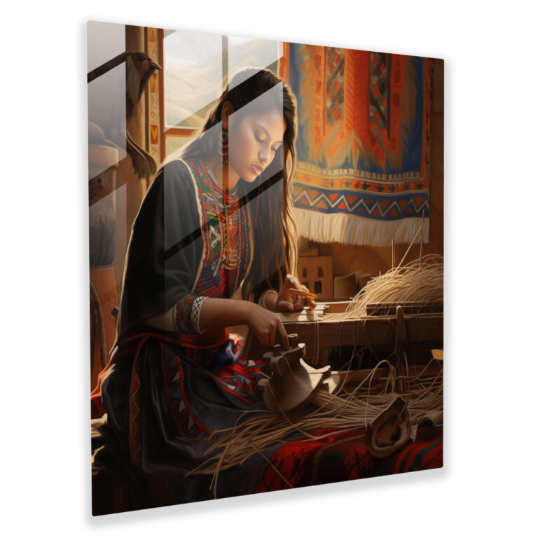 Indianischer Weber Glasbild - Traditioneller Teppich mit roten Indianermustern Wanddekoration