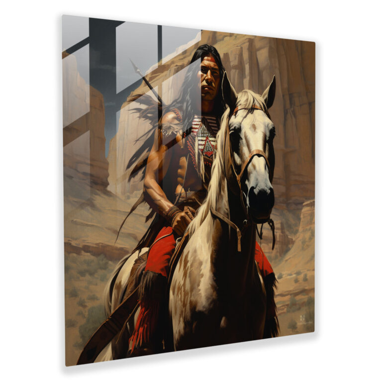 Glasbild Indianer Krieger zu Pferd - Indianer Glas Kunst Wanddekoration Kultur