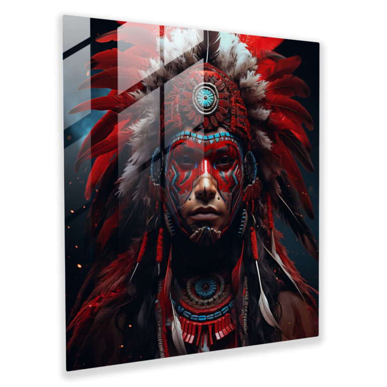 Roter Indianer-Krieger Glasbild - Indianer Porträt Glas Kunst