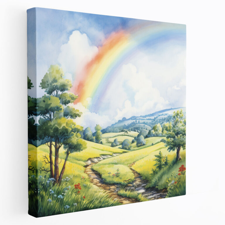 Regenbogen Landschaft Leinwandbild - Leinwand Wandkunst Ruhe