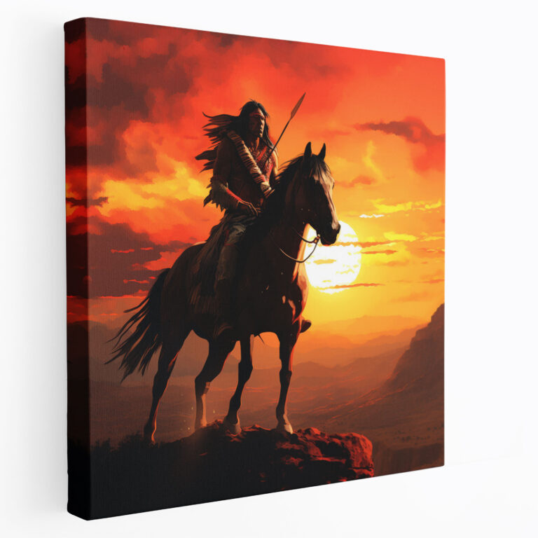 Leinwandbild Roter Indianer - Indianischer Krieger reitet Pferd Wandkunst - Roter Indianer Sonnenuntergang Landschaft Leinwandbild Leinwand Wandkunst