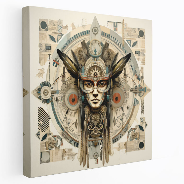 Rotes Indianer Wandkunst - Leinwandbild mit Native American Symbolen - Indianer Leinwandkunst Mixed Media Leinwandbild
