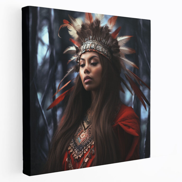 Rotes Indianer-Wandkunst: Ätherisches Wald-Leinwandbild mit einer gefiederten Frau.