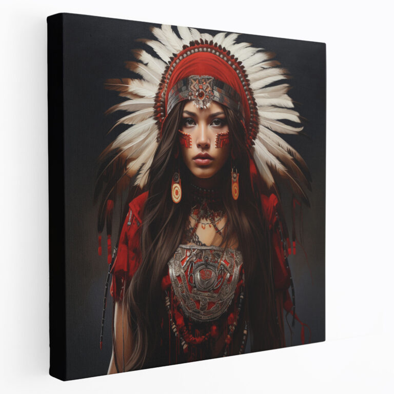Leinwandbild mit aufwendiger Perlenarbeit: Rote Indianerin - Fesselnd - Wandkunst aus Leinwand