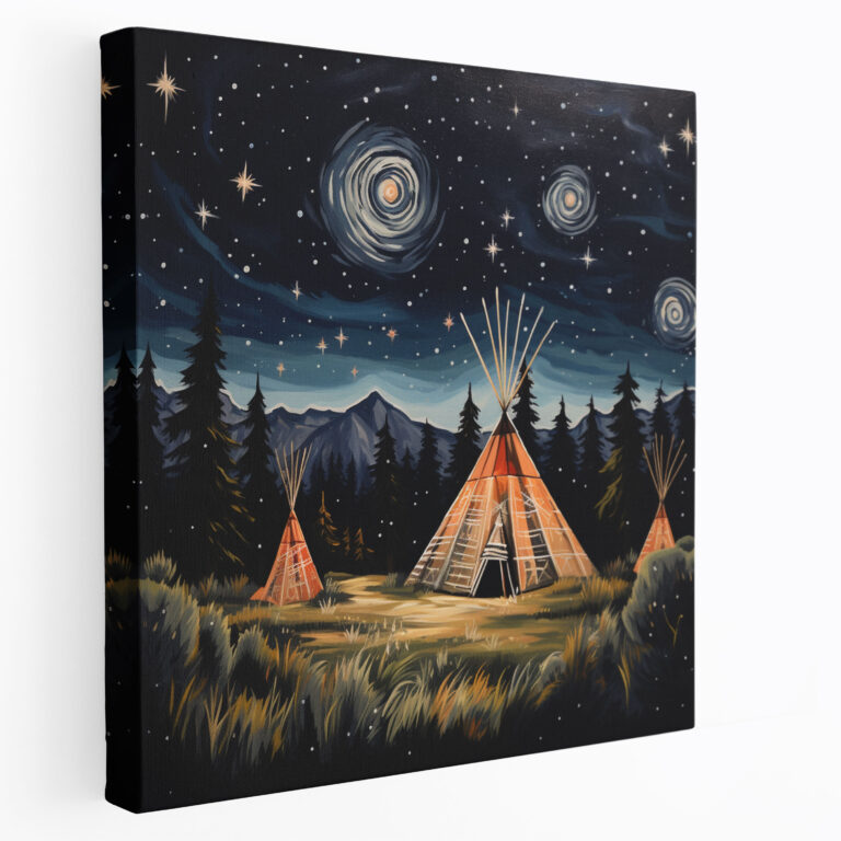 Leinwandbild mit rotem Indianer - Sternenhimmel über Tepees Acrylgemälde - Indianer Leinwand Tepees