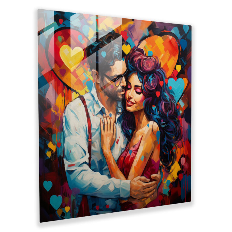 Buntes Herz-Glasbild - Romantische ausdrucksstarke Herzen Glaswandkunst Porträt eines Paares