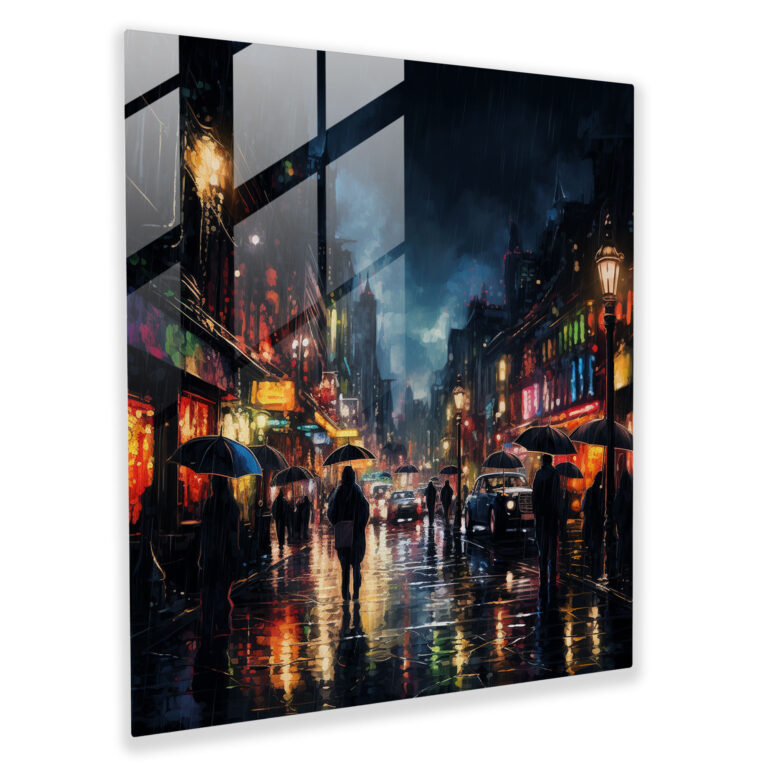 Glasbild Regnerische Nacht - Regen Stadtbild Moderne Kunst Farbenfrohe Regenschirme