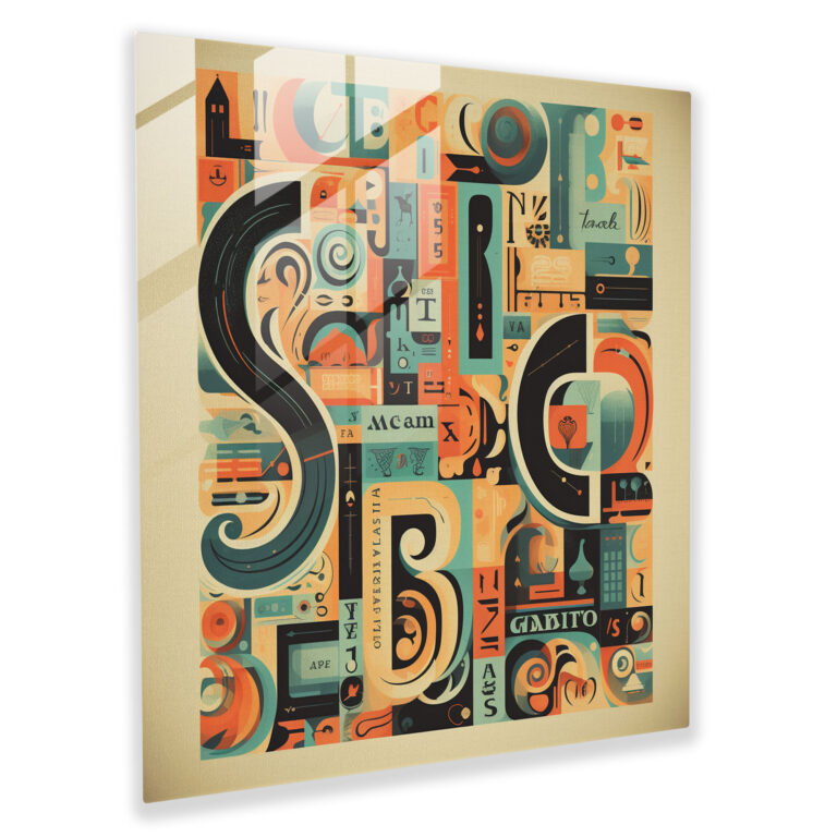 Retro Vibes: Vintage Typografie Glas Wandkunst mit kräftigen Buchstaben und dekorativen Elementen