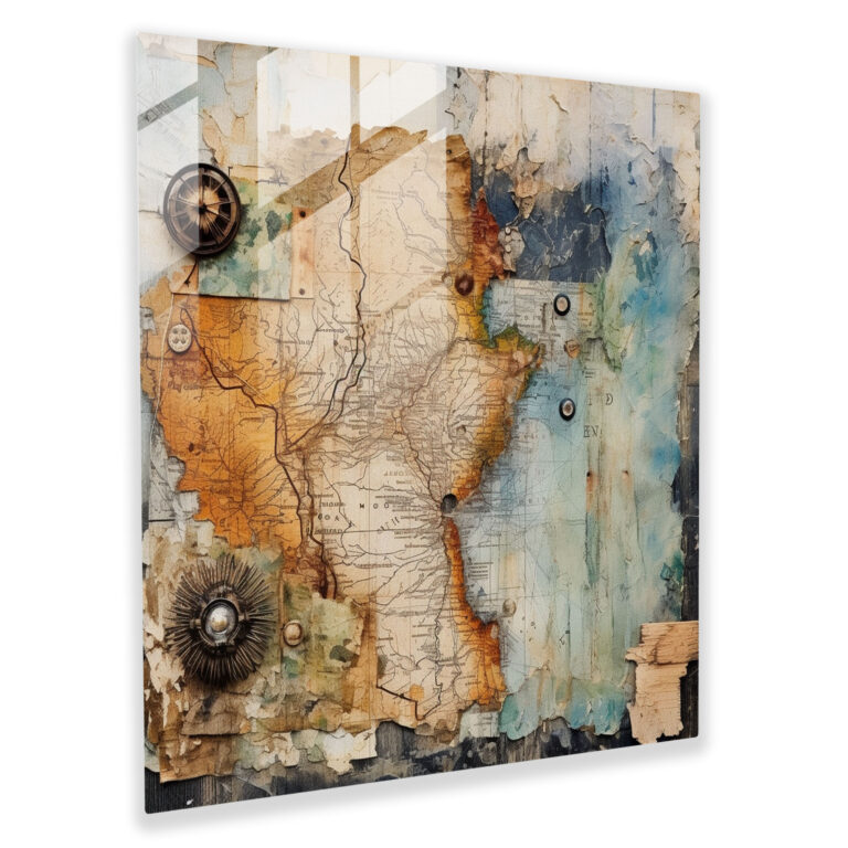 Rustikales Karten-Collage Glasbild - Rustikal Vintage Karte Holzdielen