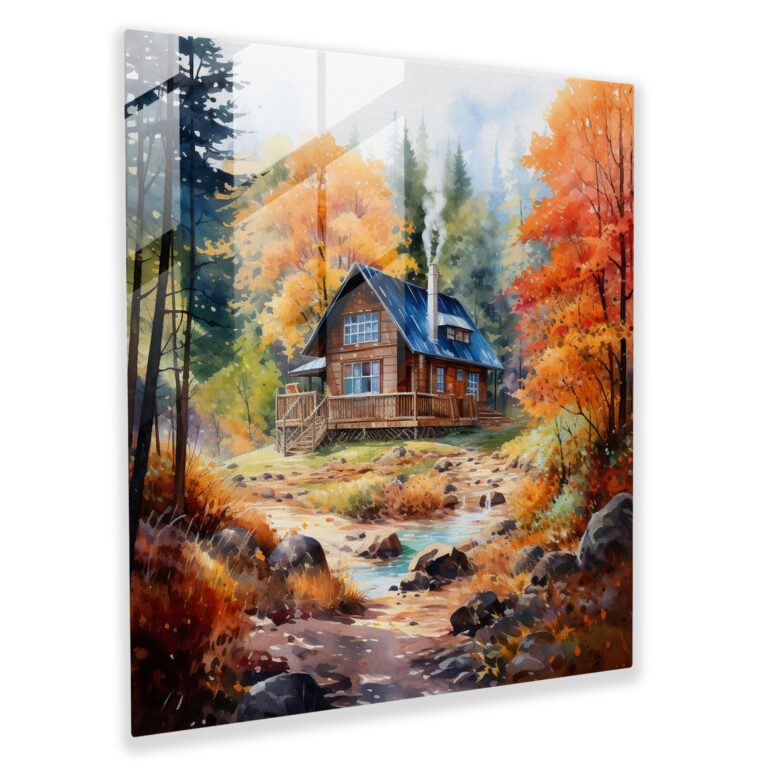 Rustikales Aquarell-Glasbild - Gemütliche Hütte im Wald - Natur Glasbild Kunst