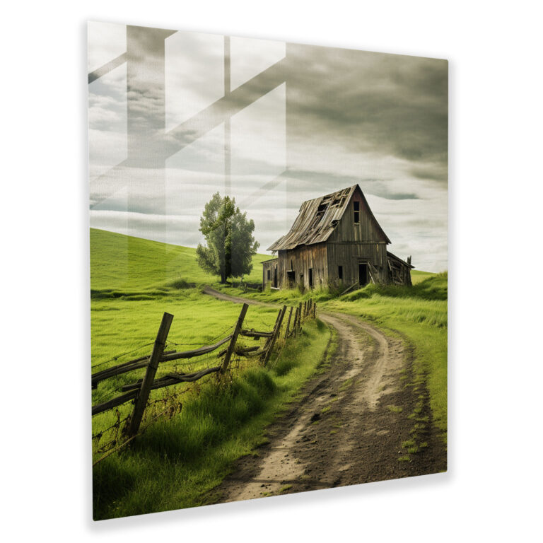 Glasbild Bauernscheune - Grüne Hügellandschaft - Rustikale Wanddekoration Glas Kunst Zuhause Dekoration
