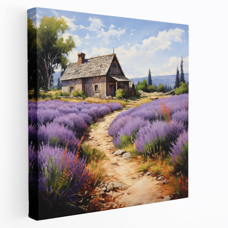 Rustikales Lavendelfeld Leinwandbild - Scheune mit Steingarten Wandkunst - Rustikal blühender Lavendel Scheune