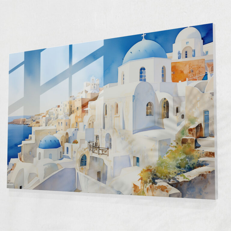 Santorini Glasbild - Abstrakte Aquarell - Landschaften Santorini - Glasbild