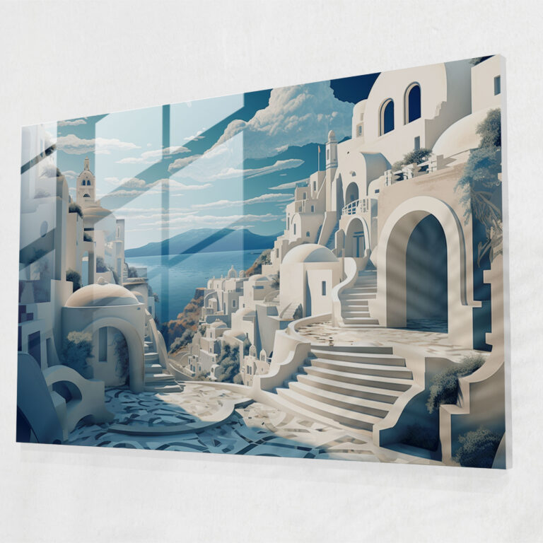 Santorini Moderne Kunst - Surreales digitales Meisterwerk - Leinwandbild Glasbild Dekoration für Zuhause Wanddekoration